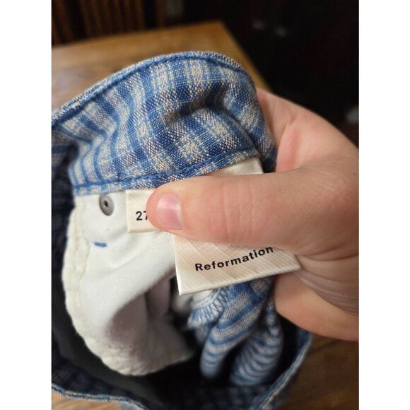 Reformation Cher mini Valley  plaid denim skirt Sz 27 - Picture 2 of 4